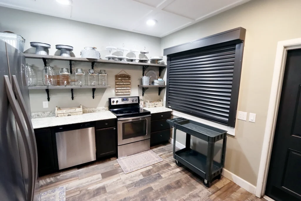 Catering kitchen inside the reception hall at Masters Stables wedding venue in Fellsmere, Florida.